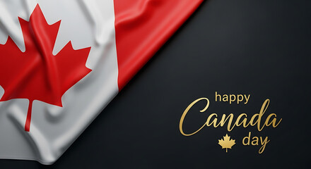 Canada Day celebration with national flag waving in the corner and golden text