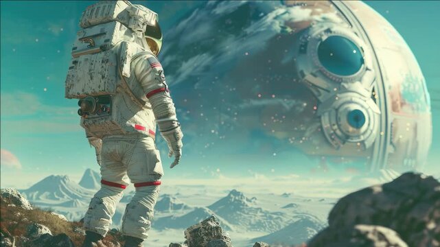 The image depicts a spaceman standing on rocky terrain, facing a futuristic lunar lander. The scene suggests exploration and technological advancement in space travel.