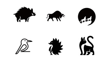 Animal Pictogram Set: Wild Boar, Bull, Wolves, Bird, Hedgehog, Cat