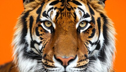 Fototapeta premium Close-up portrait of a tiger's intense gaze against a vibrant orange backdrop