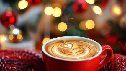 Red cup of cappuccino with latte art heart shape over red knitted scarf and christmas lights bokeh effect in the background - Powered by Adobe