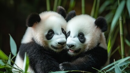 Obraz premium Two panda cubs cuddling