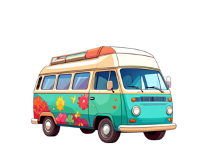 Tropical beach camper van illustration, ocean view, coloring page, Vector