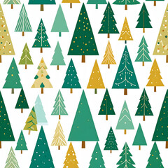 Seamless pattern of stylized Christmas trees in green, gold, and teal
