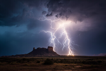 Lightning striking a distant desert mesa