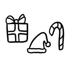Hand drawn outline of Santa hat, gift box, candy cane for kid colouring book, art, Christmas and New Year decoration, ornament, card print, sticker, festive winter, patches, shirt print, happy holiday