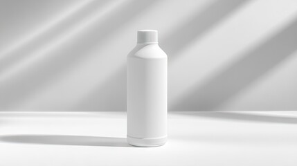 A tall, slender, white plastic bottle with a simple screw-top cap stands on a white surface, backlit by diagonal shadows against a white wall