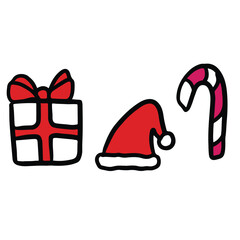 Hand drawn Santa hat, gift box, candy cane for Christmas and New Year decoration, ornament, card print, sticker, festive winter, patches, shirt print, happy holiday, department store, brooch, pin

