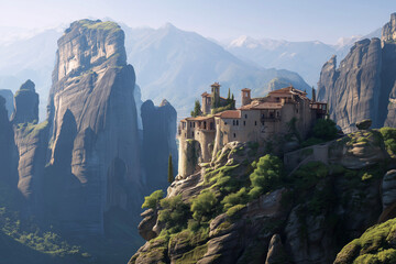 Monastery perched on a desert cliff (e.g., Meteora 