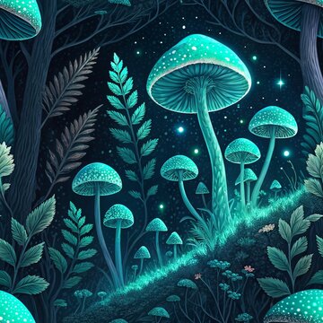 Autumn Bioluminescence Seamless Pattern with Glowing Mushrooms, Luminous Fungi, and Ethereal Forest Night Magic for Enchanted Woodland Digital Paper Design