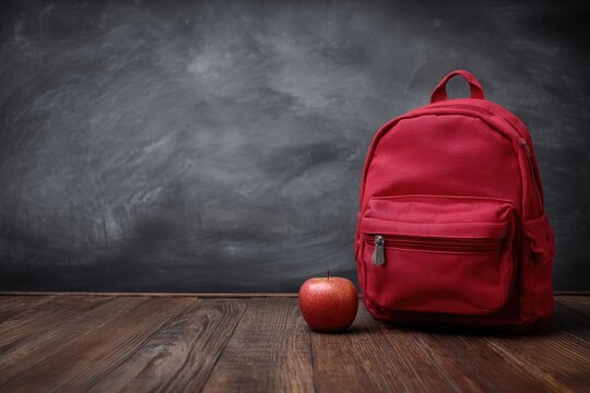 Red backpack and apple on wooden floor, against dark chalkboard