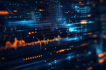 A digital background of stock market charts and graphs on a dark blue backdrop, with glowing orange highlights.