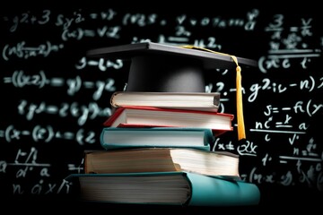 Graduation cap atop stacked books against a chalkboard filled with complex equations