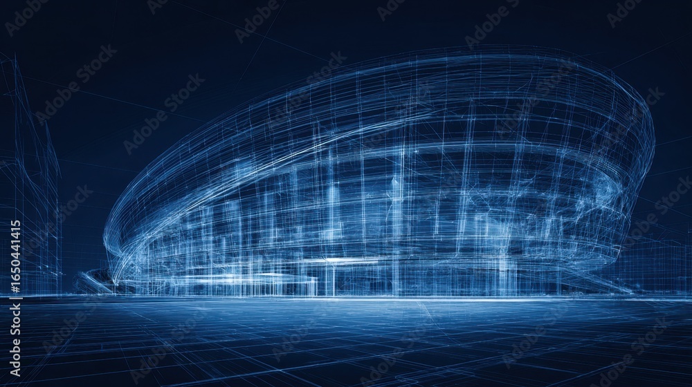 Poster a futuristic digital blueprint of a sleek architectural structure, showcasing intricate lines and mo