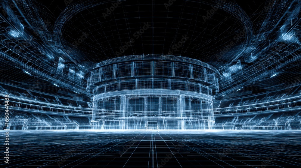Poster a futuristic wireframe rendering of a large arena with intricate architectural details and a vast gr
