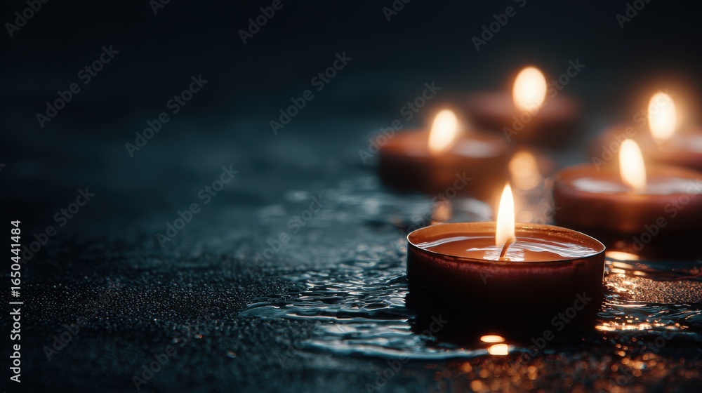 Poster softly glowing candles on a reflective surface create a serene atmosphere, highlighting tranquility 
