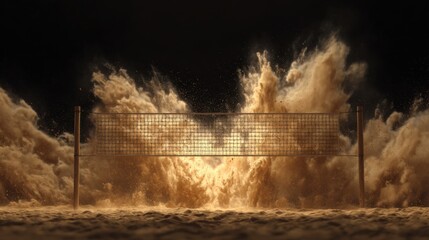 A dramatic scene featuring a volleyball net amidst a powerful wave of sand and water, illustrating the intensity of beach sports.