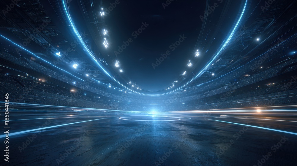 Poster a futuristic arena illuminated by blue lights, featuring a smooth surface that suggests motion and e