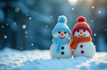 Two snowmen with colorful hats and scarves in a winter wonderland