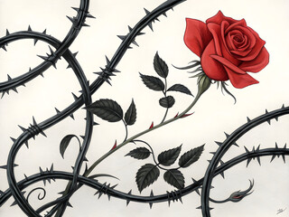 Red rose entwined with black thorny vines black vines dark leaves