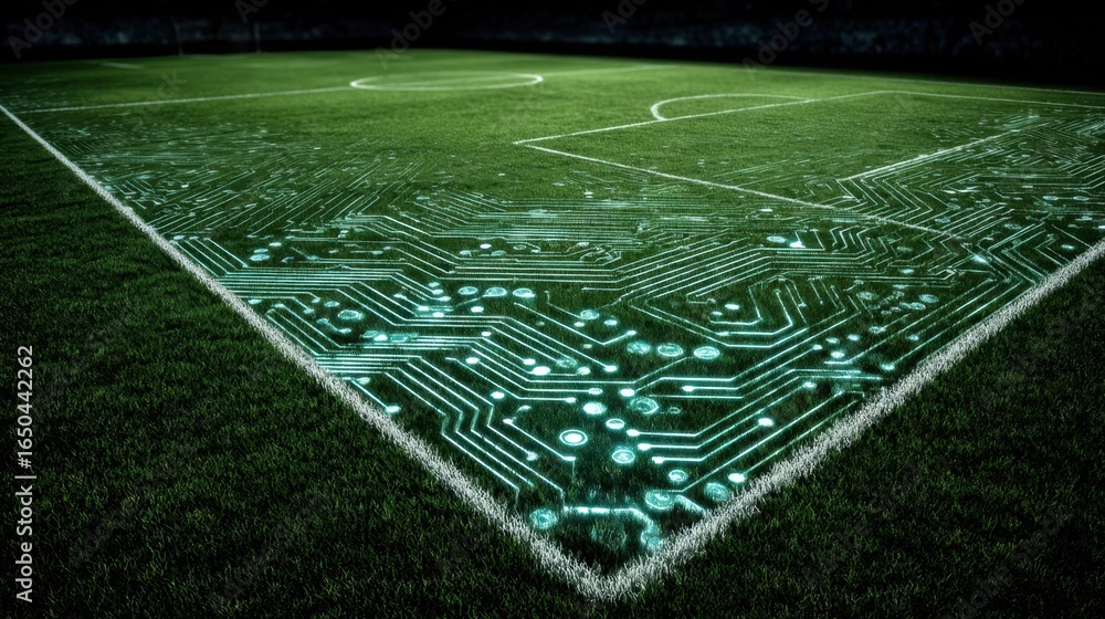 Poster a digital circuit pattern overlays a soccer field, merging technology with sports in a visually stri