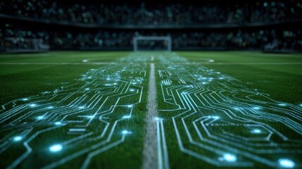 A futuristic football field featuring a digital circuit design glowing on the grass, merging technology with sports in a vibrant stadium setting.