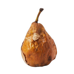 A dried, wrinkled pear against a black background.  The pear's skin is a light, brownish-yellow, and shows significant shrinkage and creasing.  Its stem is intact