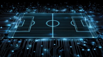 A digital representation of a soccer field, enhanced with futuristic circuitry and glowing elements, merging sports with technology.