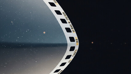 Fototapeta premium Dreamlike cinematic visuals with film strip and ethereal space backdrop creating a nostalgic and artistic representation of moving image media