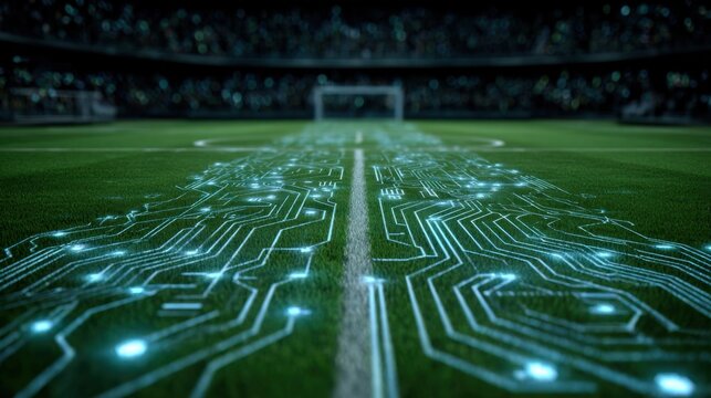 A futuristic football field featuring a digital circuit design glowing on the grass, merging technology with sports in a vibrant stadium setting.