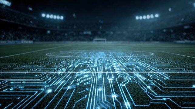 A futuristic football field with glowing circuit patterns, blending technology and sports in an illuminated stadium environment.