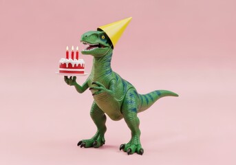 A toy tyrannosaurus rex dinosaur wearing a party hat and holding a birthday cake with lit candles, isolated on a white background
