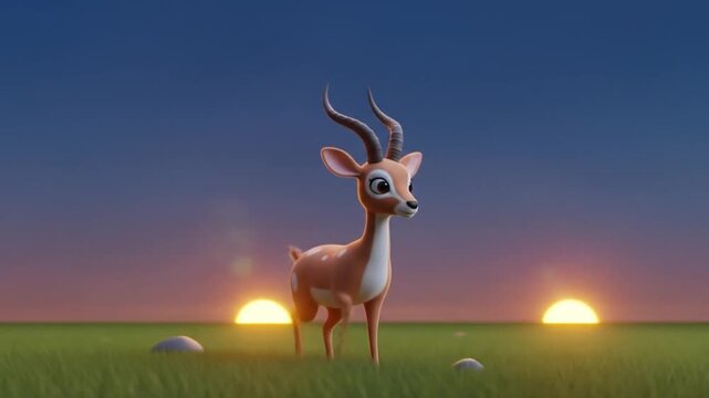 A cute cartoon gazelle stands in a grassy field with two suns on the horizon at sunset.