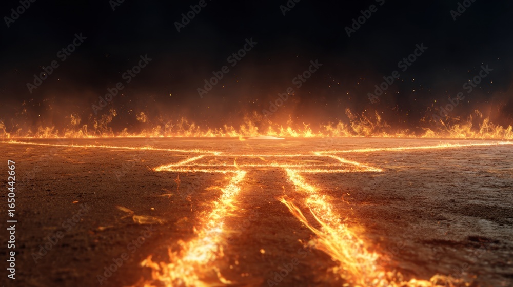 Poster a fiery symbol illuminated on a dark surface, surrounded by flames, creating a dramatic and intense 