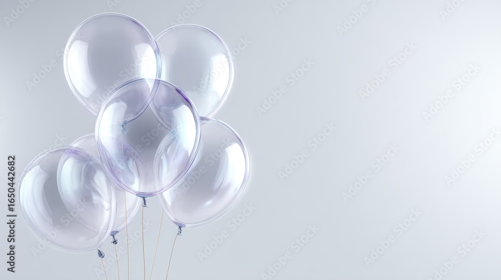 Poster a cluster of transparent balloons, softly reflecting light, set against a minimalistic gray backgrou