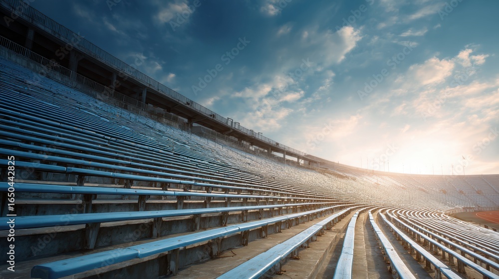 Poster a wide-angle view of empty stadium seating under a dramatic sky, capturing the serene atmosphere bef