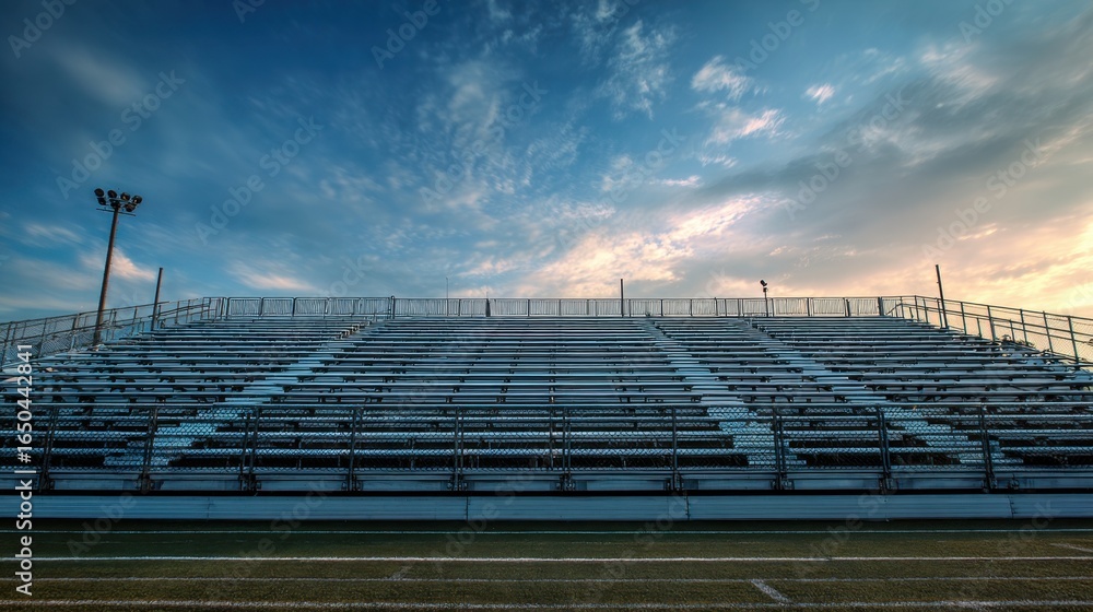 Poster an empty bleacher set against a dramatic sky, showcasing the structure and lines of the seating area