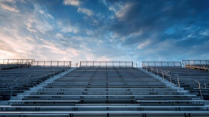A wide shot of empty bleachers under a dramatic sky, suggesting anticipation for an upcoming event.