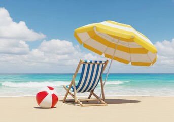 Relaxing beach scene with a striped umbrella, deck chair, and beach ball on a sunny day