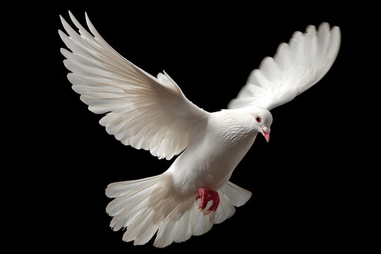 A graceful white dove in mid-flight with its wings spread wide, isolated on a black background.