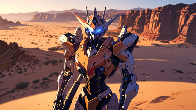 Futuristic robot standing guard in desert landscape ready for adventure and ultimate challenge