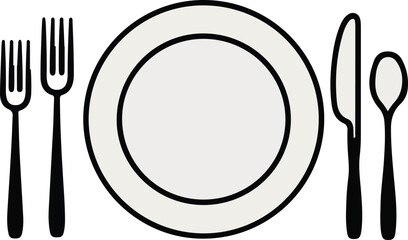 Minimalist black and white line icon of fork, knife, and plate, vintage restaurant style