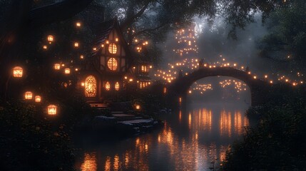Enchanted cottage and castle tower illuminate a misty night. Stone bridge adorned with glowing lanterns reflects in the water, Holiday Background. A magical, serene scene.