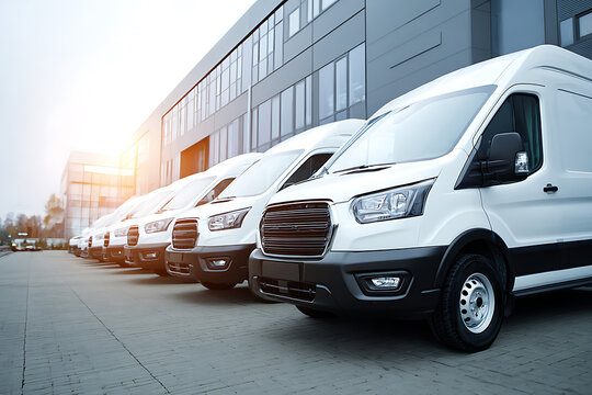 Fleet of white delivery vans parked in a row outside modern business building with sun flare.