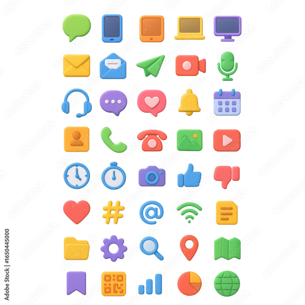 Poster assortment of 36 communication and technology 3d cartoon icons on a transparency background black ba