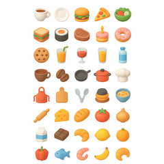 Assortment of 3D rendered food and drink icons on a transparency background black background burger pizza