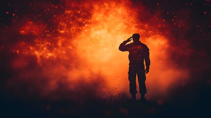 Silhouette of a saluting soldier stands firm against a fiery, explosive backdrop, symbolizing bravery and sacrifice during intense situations. Holiday Background.