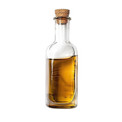 Small, clear glass bottle with amber liquid and cork stopper