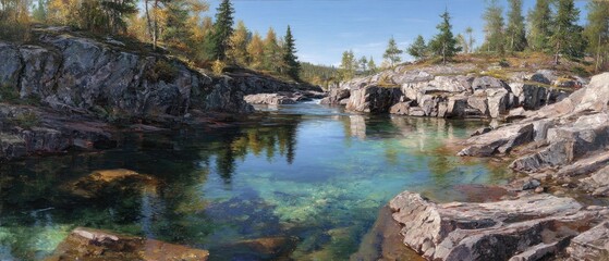 Serene, crystal-clear river winding through rocky shoreline