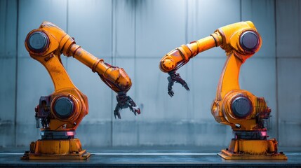 Two Industrial Robotic Arms Engaged in Automated Warehouse Operations with Vibrant Colors and Intricate Details